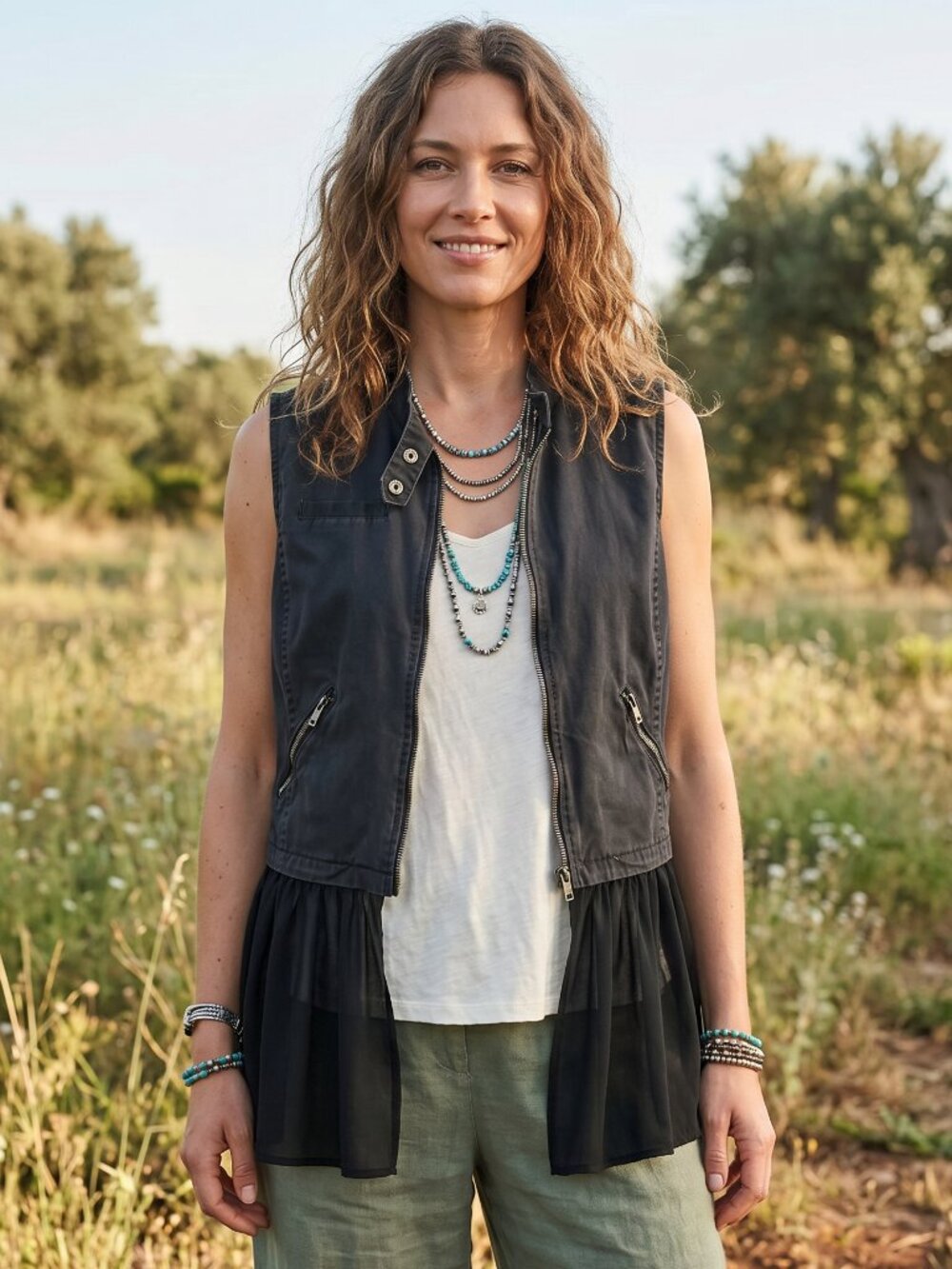 Y2K Daytrip Denim Vest‎ Flowy Chiffon XL Black Top Zipper Moto Whimsigoth Grunge